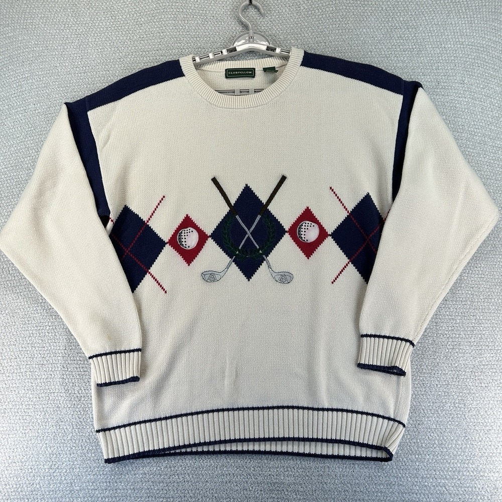 Vintage Clubfellow Golf Sweater Mens XLT Ivory Embroidered Crew Neck Pullover